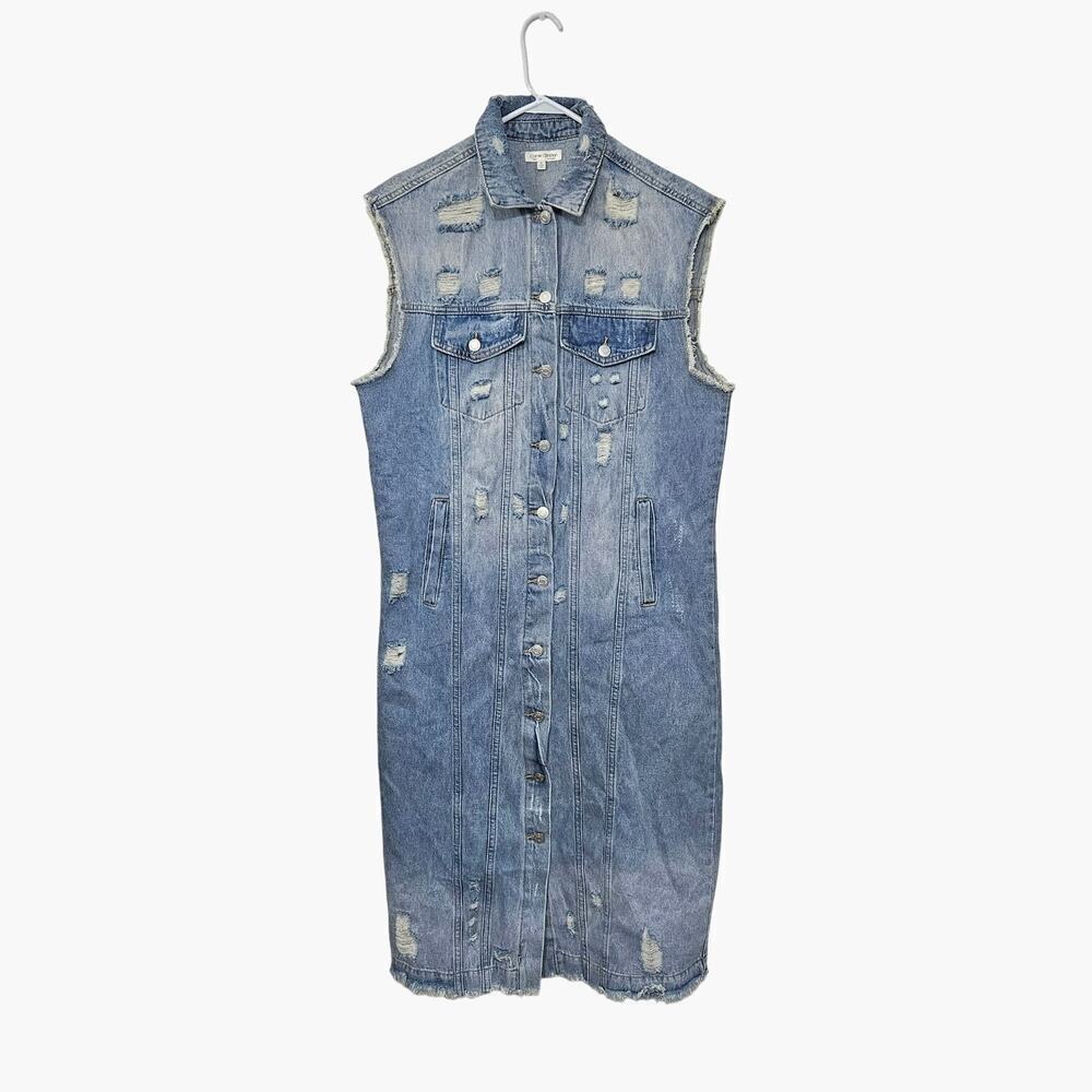 Carole Christian Long Sleeveless Distressed Denim Dress Button-Up Size Large